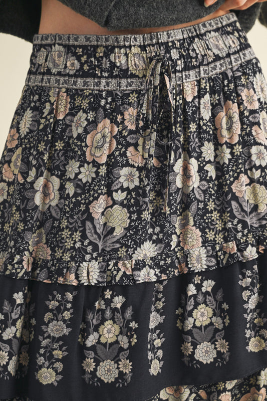 Black Floral Ruffle Skirt