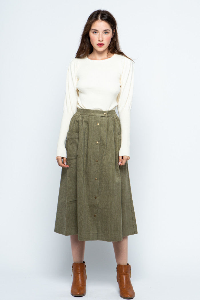 Olive Corduroy Pocket Skirt