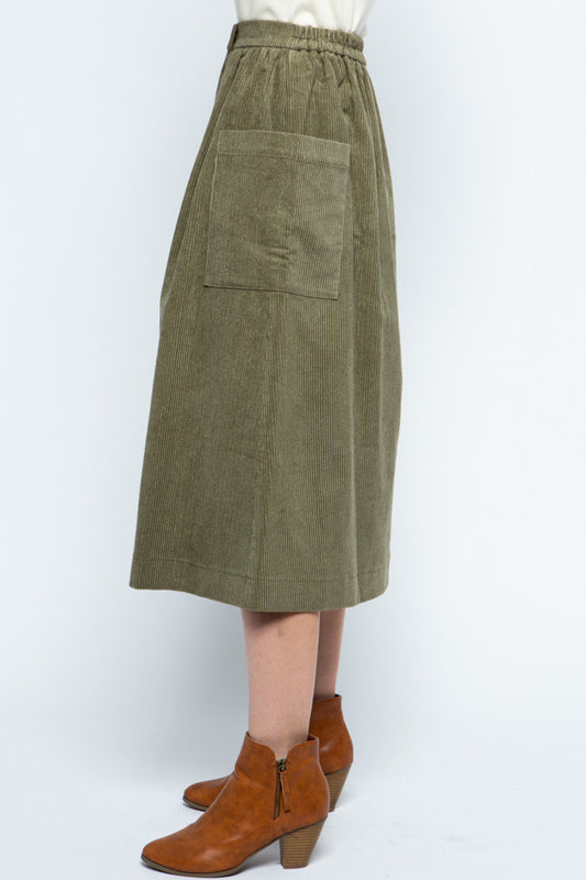 Olive Corduroy Pocket Skirt