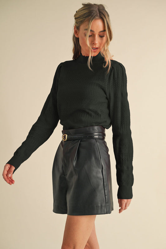 Pointelle Scalloped Neckline Sweater - Black
