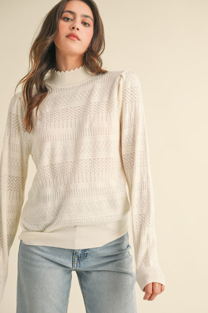 Pointelle Scalloped Neckline Sweater - Ivory