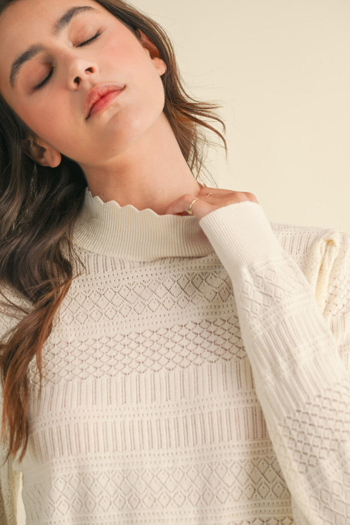 Pointelle Scalloped Neckline Sweater - Ivory
