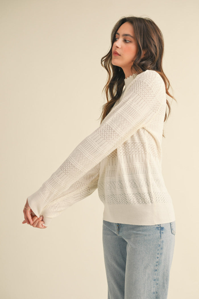 Pointelle Scalloped Neckline Sweater - Ivory