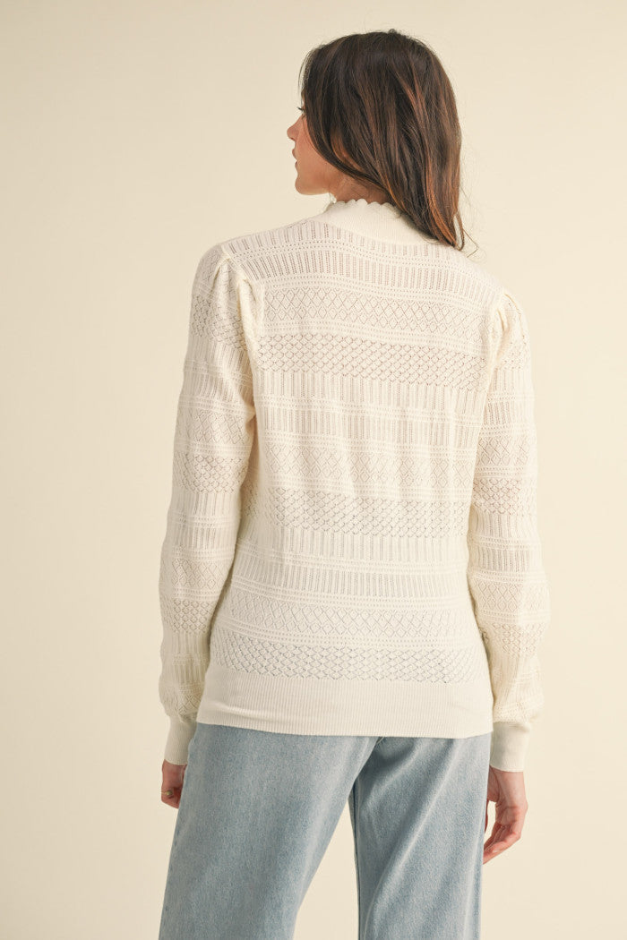 Pointelle Scalloped Neckline Sweater - Ivory