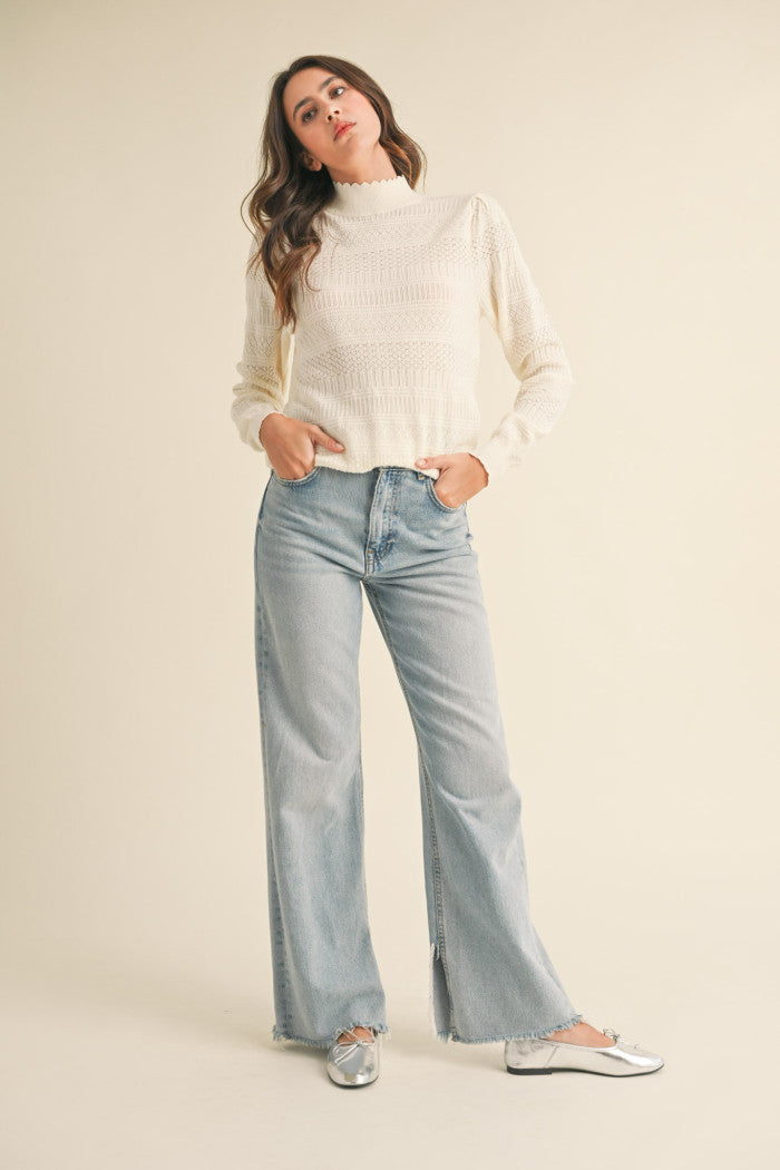 Pointelle Scalloped Neckline Sweater - Ivory