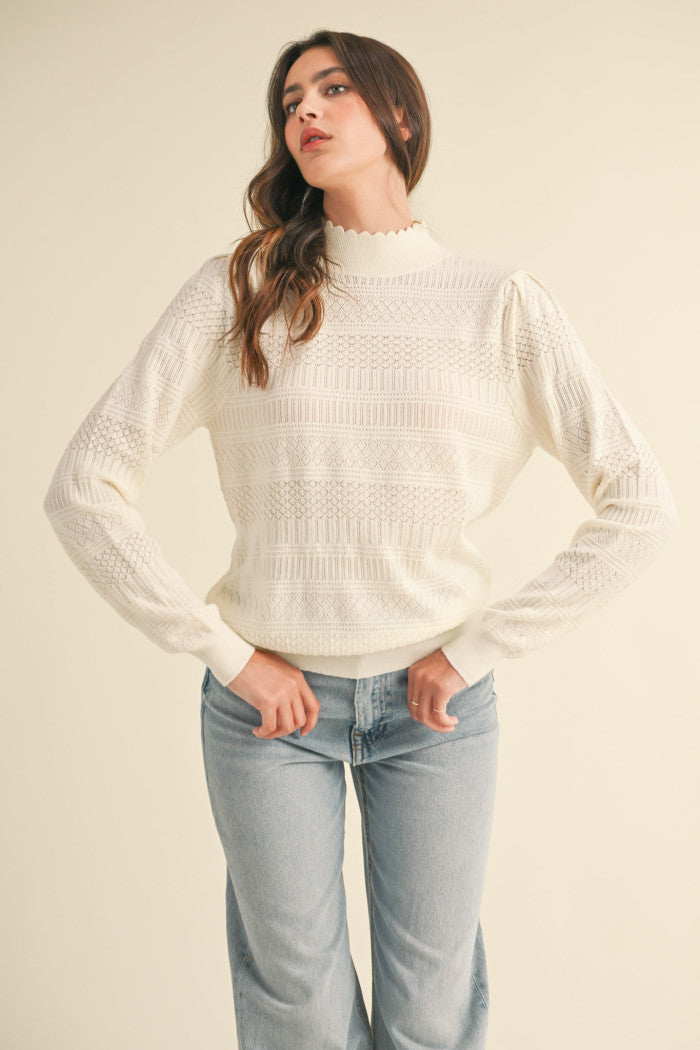 Pointelle Scalloped Neckline Sweater - Ivory