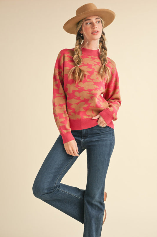 Mock Neck Floral Sweater - Magenta/Taupe