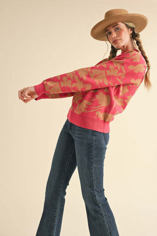 Mock Neck Floral Sweater - Magenta/Taupe