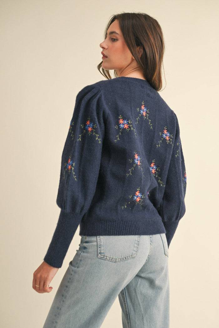 Navy Flower Embroidered Sweater