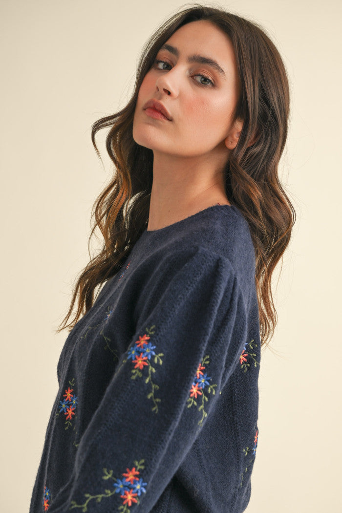 Navy Flower Embroidered Sweater