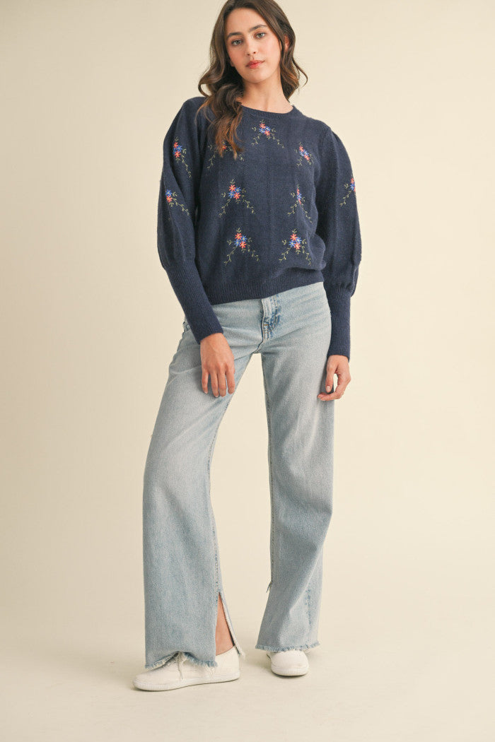 Navy Flower Embroidered Sweater