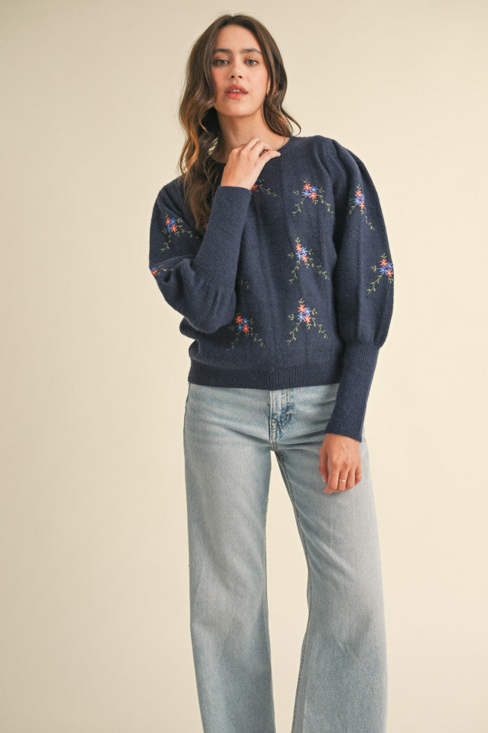 Navy Flower Embroidered Sweater
