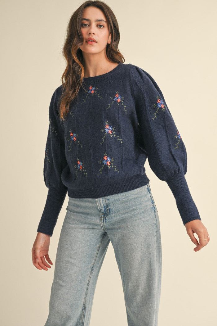 Navy Flower Embroidered Sweater