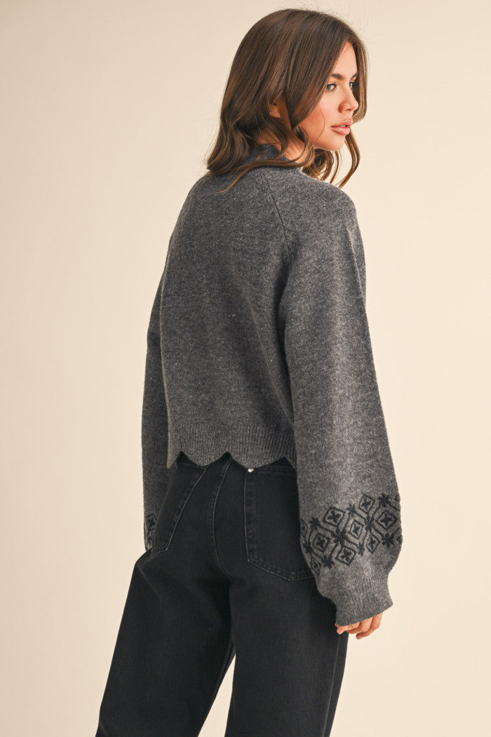 Scalloped Neckline Embroidered Sweater