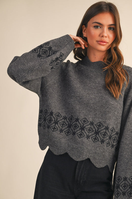 Scalloped Neckline Embroidered Sweater