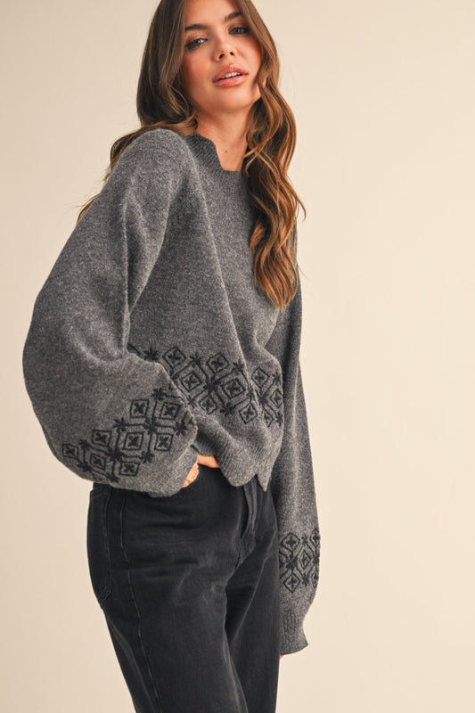 Scalloped Neckline Embroidered Sweater