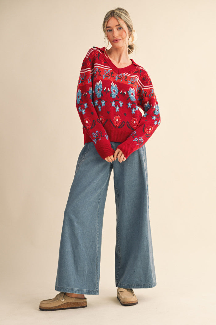 V-Neck Fuzzy Floral Sweater