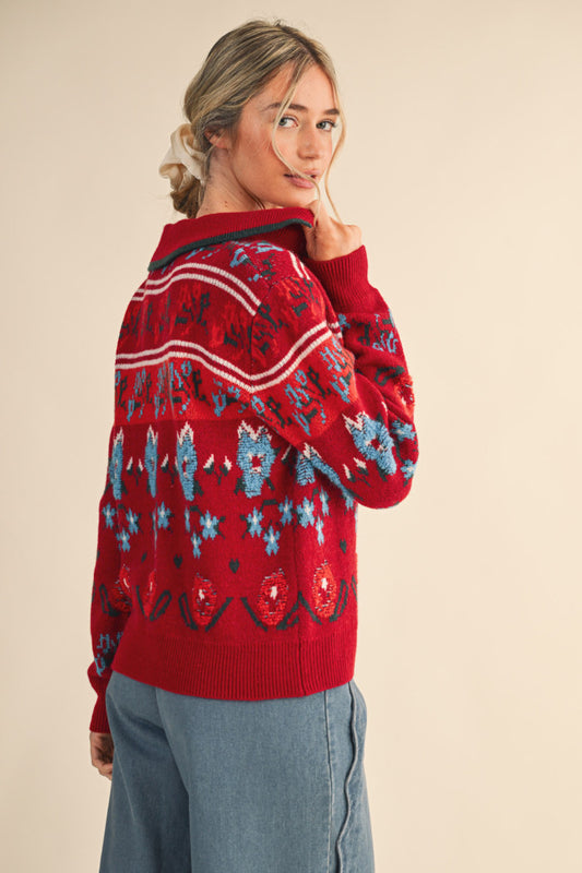 V-Neck Fuzzy Floral Sweater