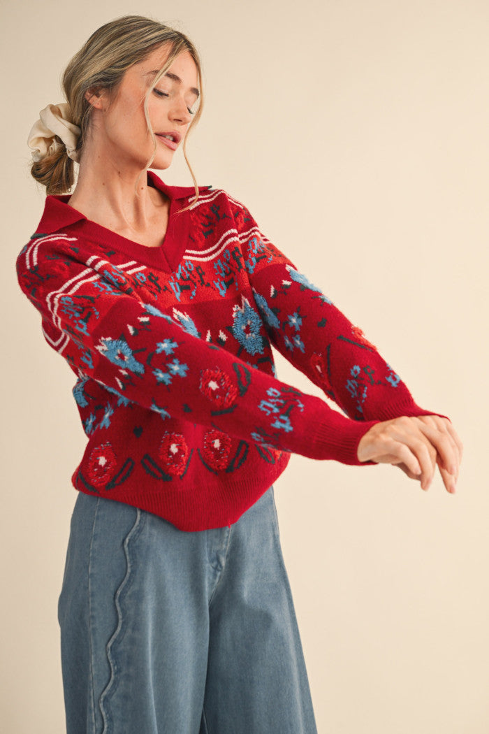 V-Neck Fuzzy Floral Sweater