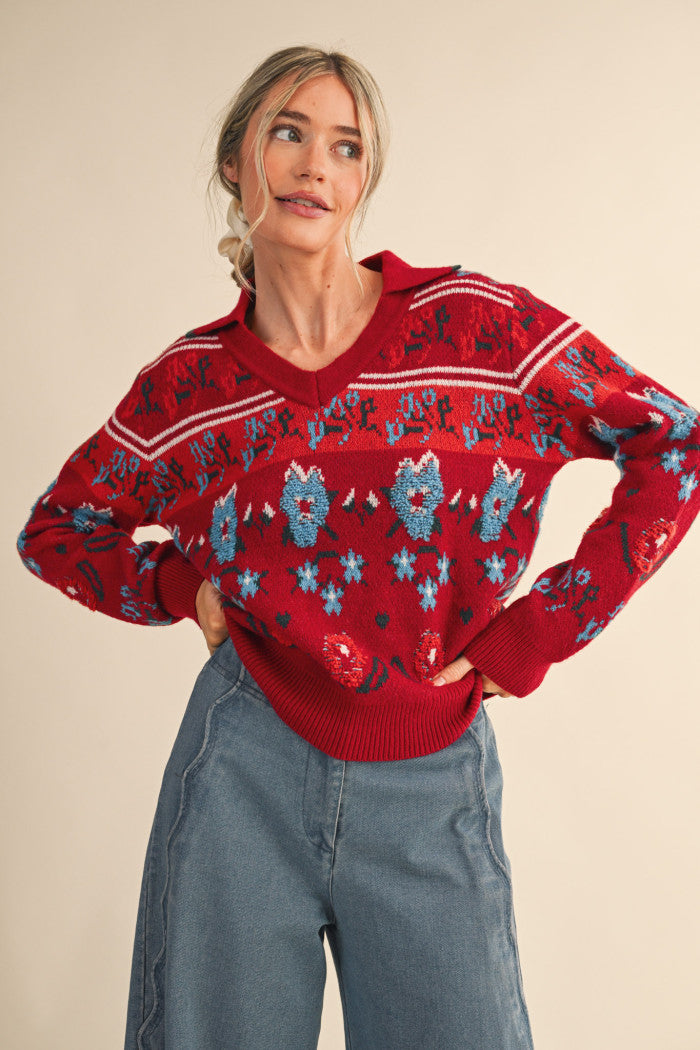 V-Neck Fuzzy Floral Sweater