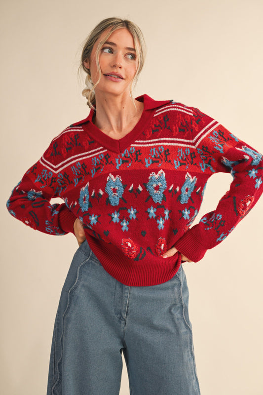 V-Neck Fuzzy Floral Sweater