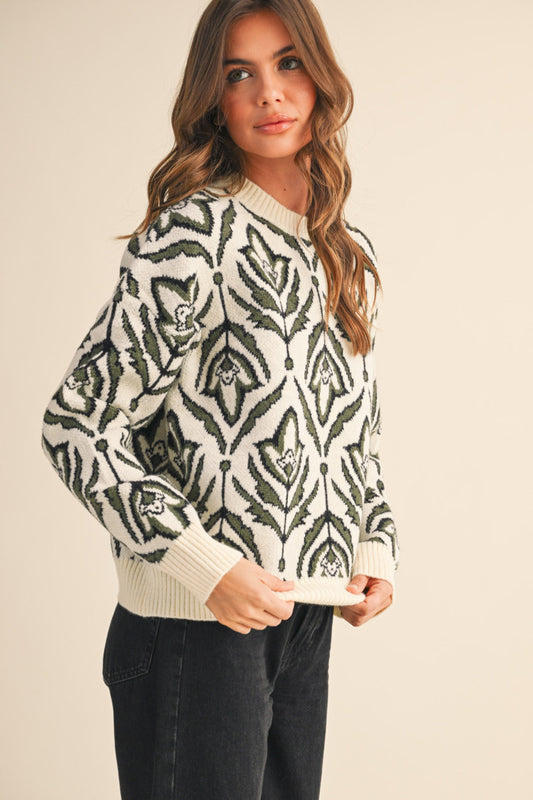 Ribbed Neck Floral Sweater