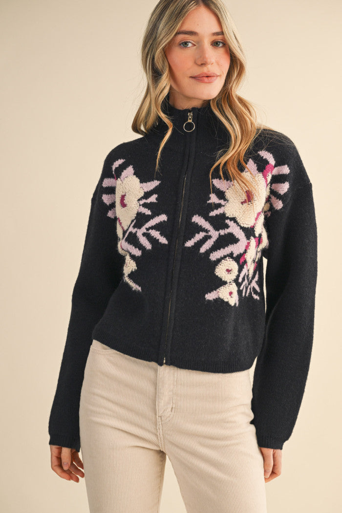 Floral Zip-Up Sweater