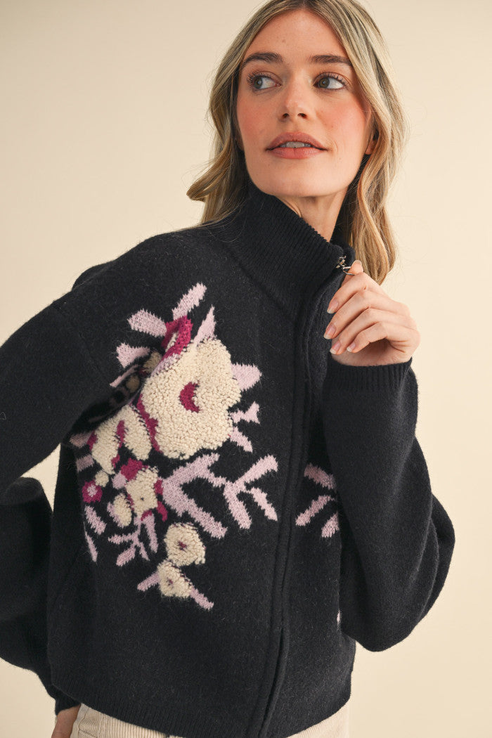 Floral Zip-Up Sweater