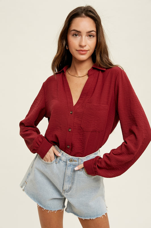 Crinkle Button Up Thong Bodysuit