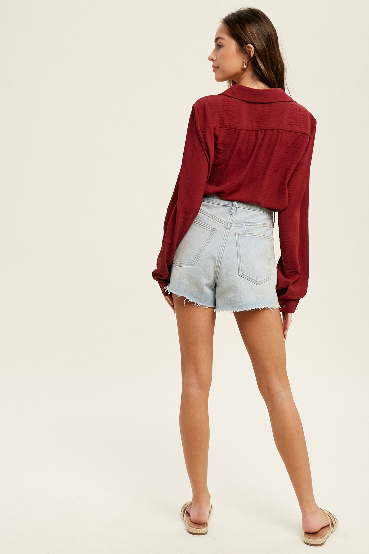 Crinkle Button Up Thong Bodysuit