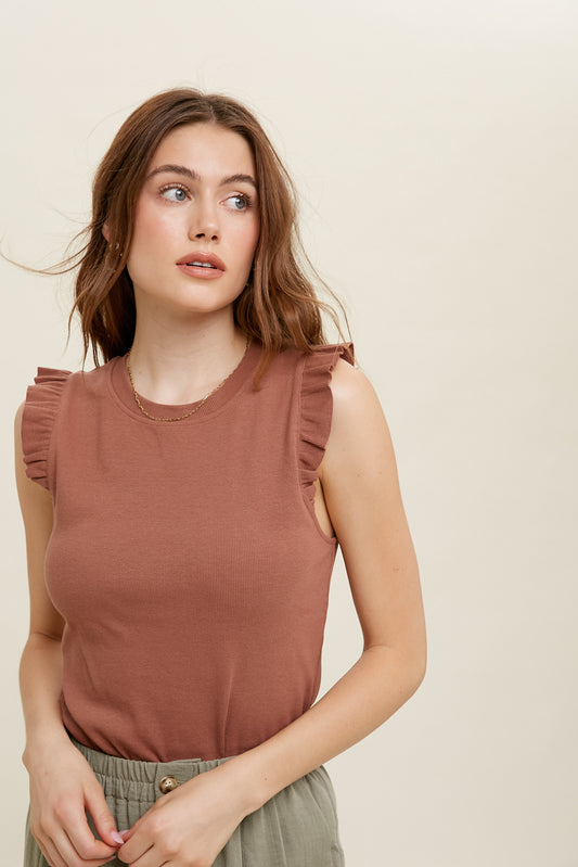 Ruffle Detailed Knit Tank - Burlwood