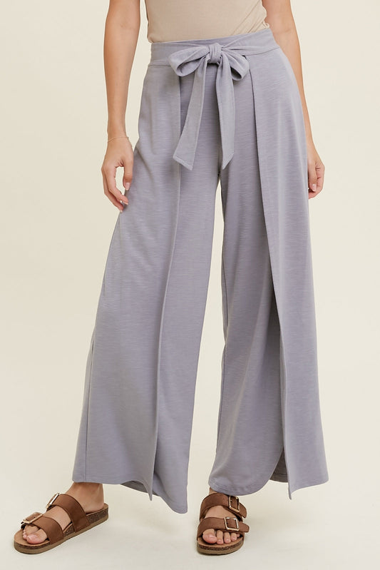 Side Slit Waist Tie Pants - Blue Gray
