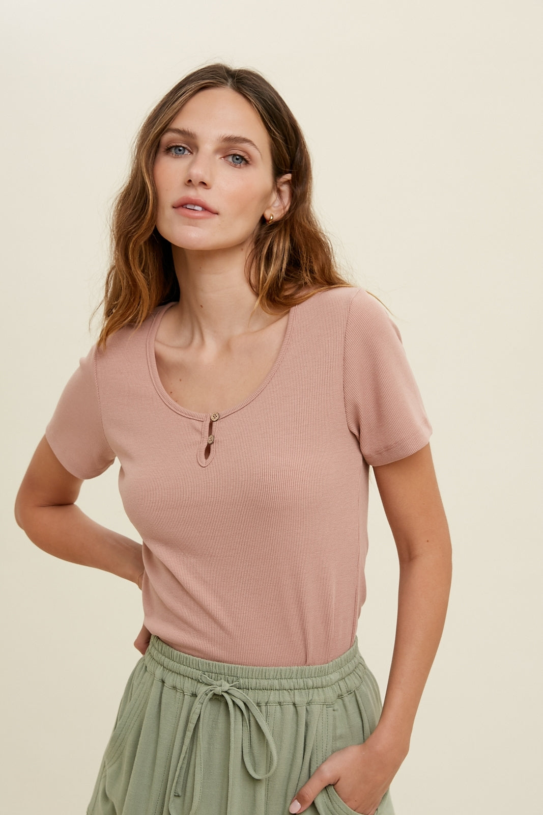 Rose Knit Short Sleeve Button Detail Top
