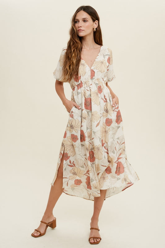 Deep V-Neck Side Slit Floral Dress