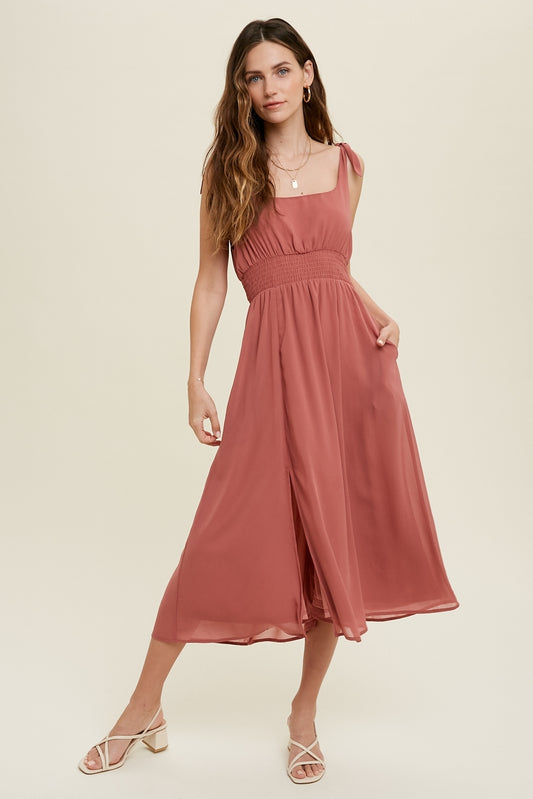 Self Tie Shoulders Side Slit Midi Dress
