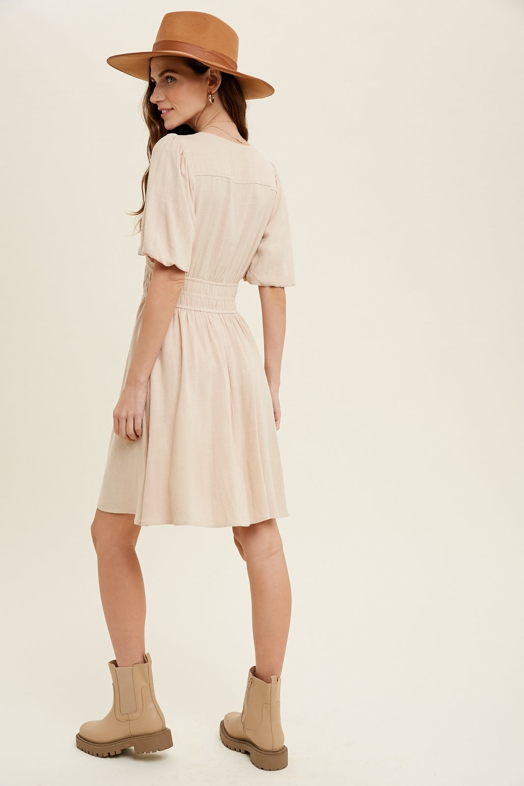 Puffed Sleeves Button Top Smocked Waist Dress