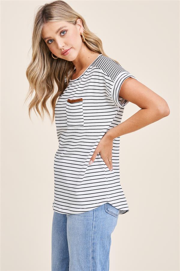 Black Terry Striped Ivory Short Sleeve Top