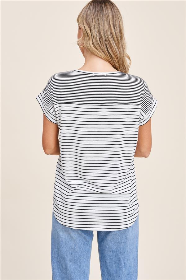 Black Terry Striped Ivory Short Sleeve Top