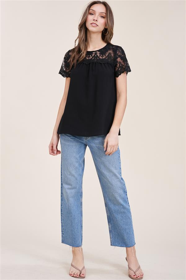 Black Lace Inset Short Sleeve Top