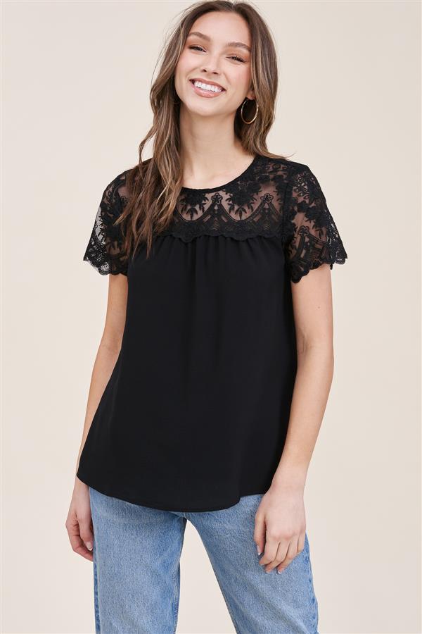 Black Lace Inset Short Sleeve Top