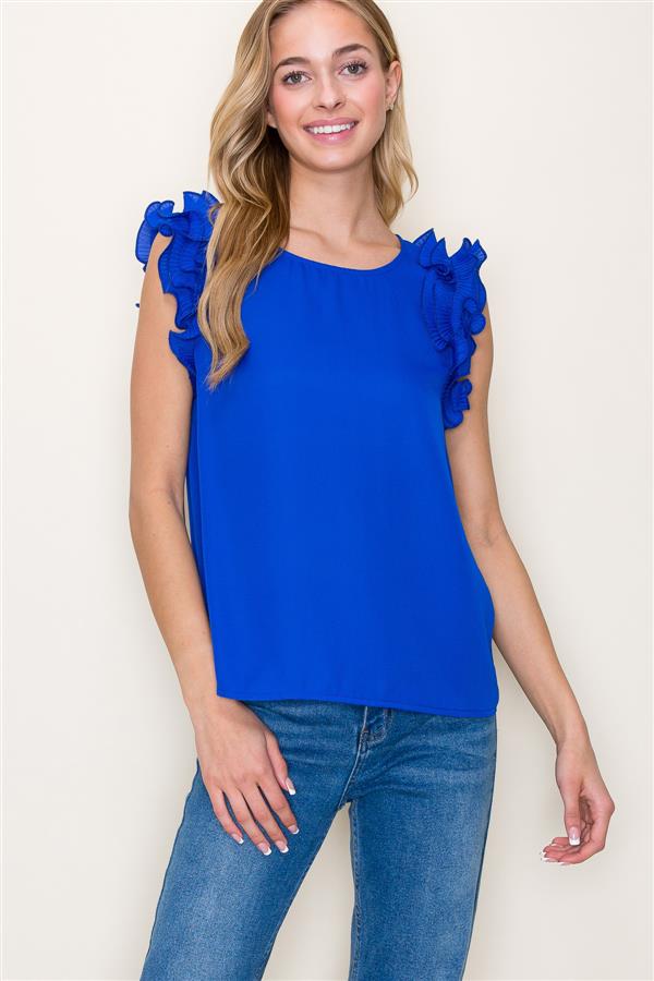 Wave Hem Ruffle Shoulder Top - Royal Blue