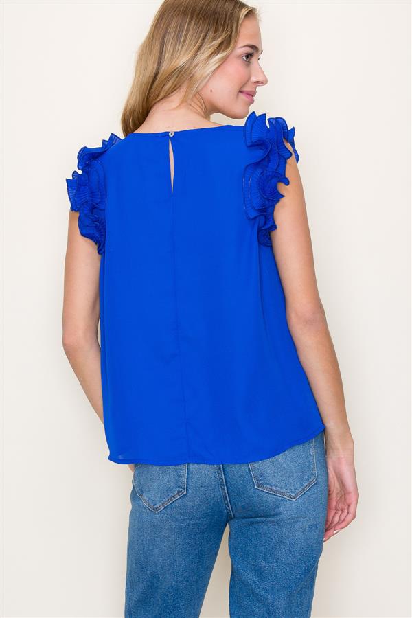 Wave Hem Ruffle Shoulder Top - Royal Blue