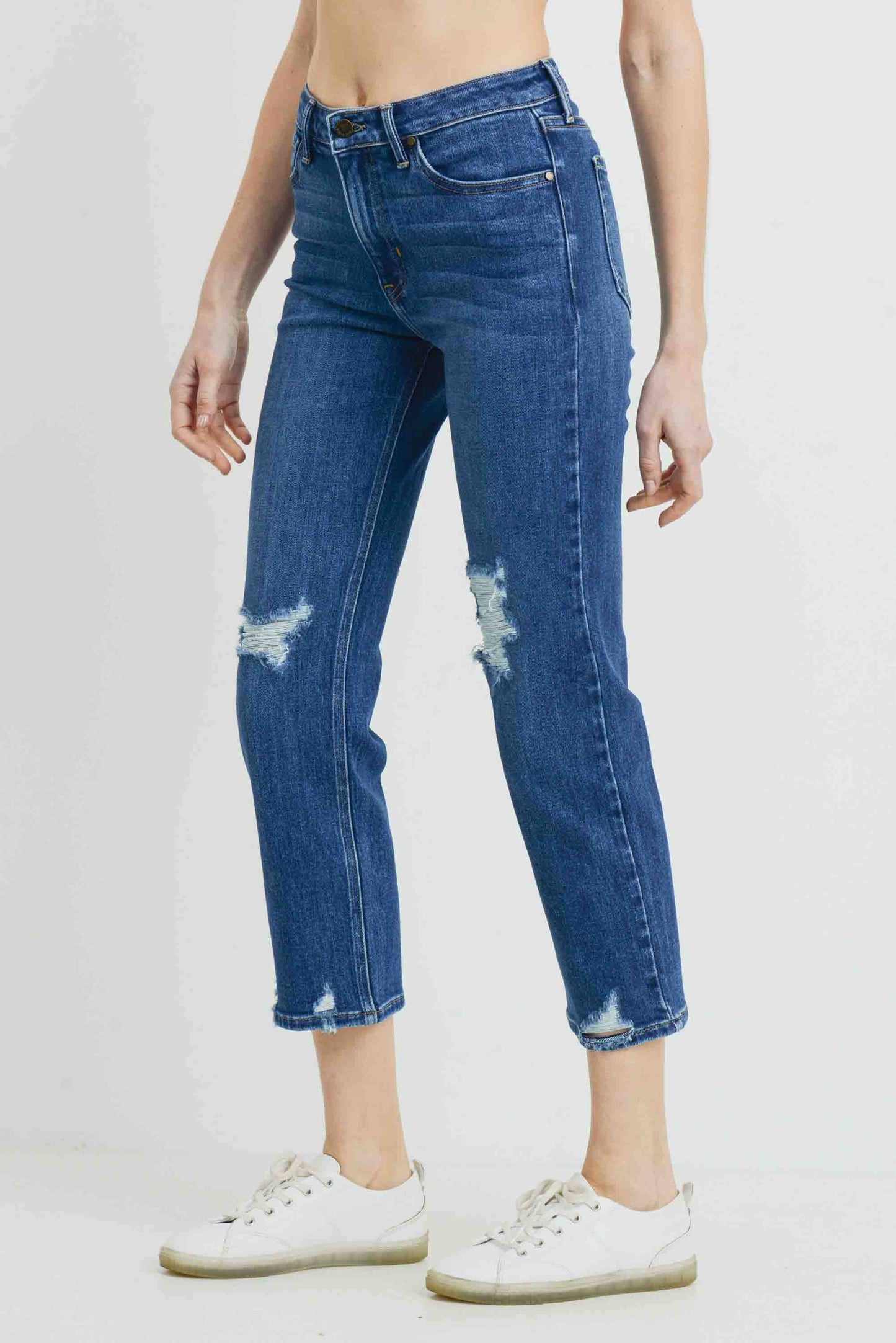 Dark Wash Slight Distressed Straight Ankle Jeans