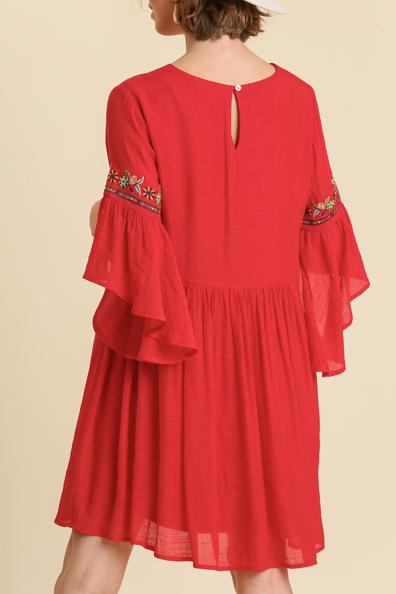 Candy Apple Floral Embroidered Bell Sleeve Dress