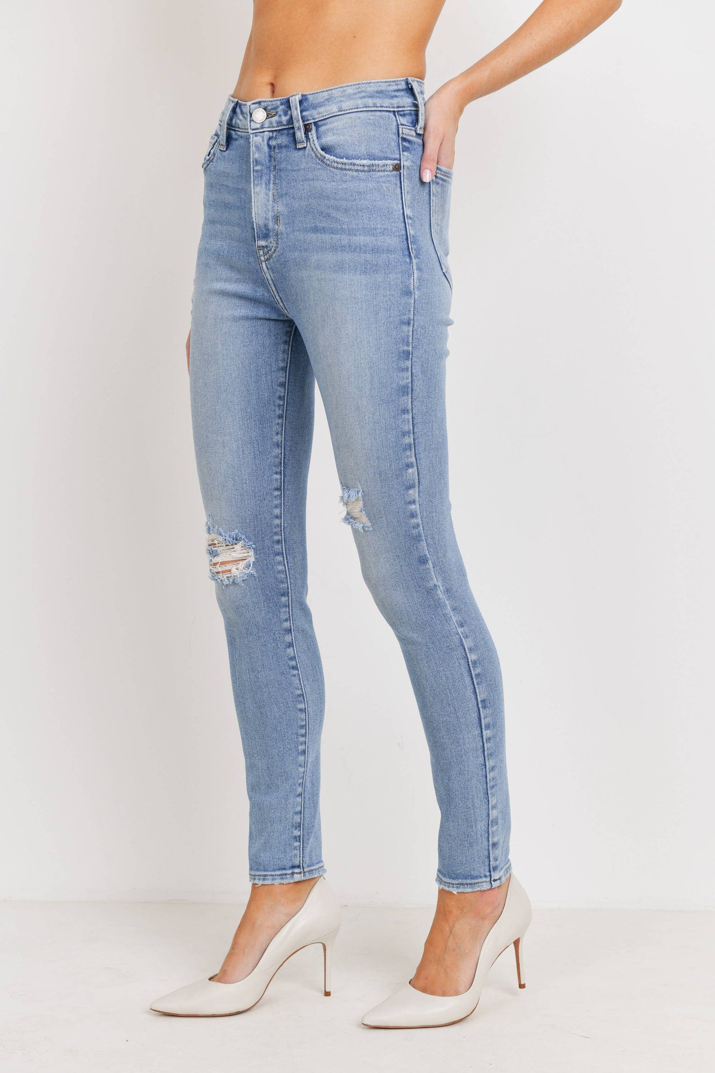 High Rise Slight Distress Ankle Skinny Jeans