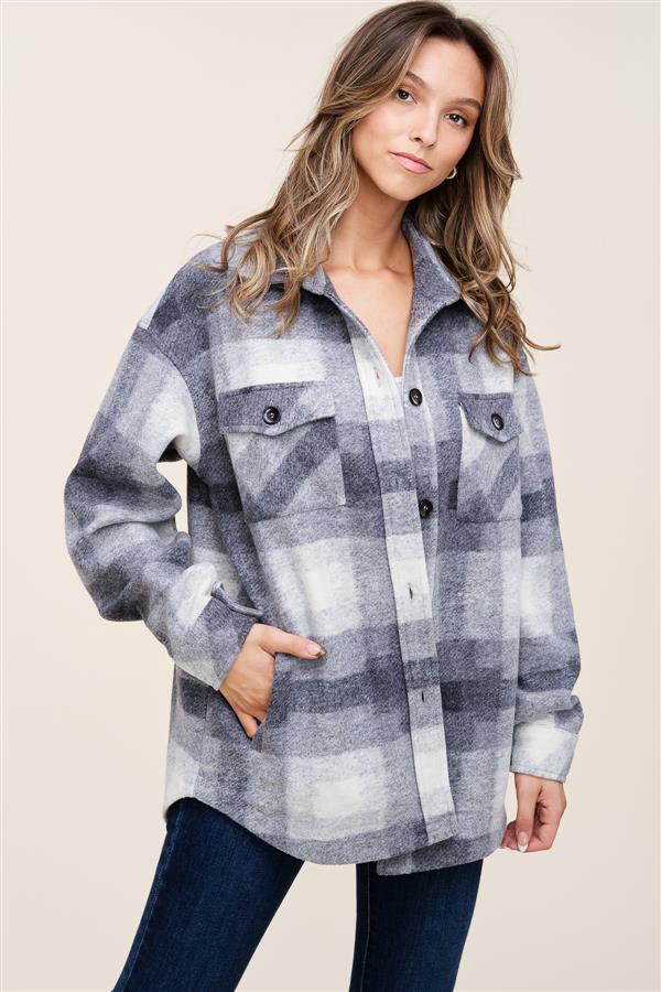 Button Up Plaid Collared Shacket - Charcoal