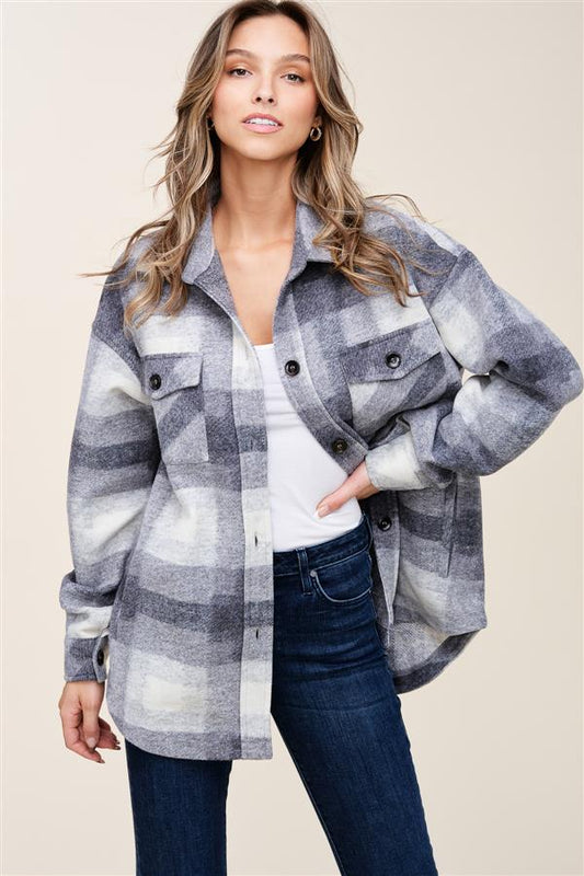 Button Up Plaid Collared Shacket - Charcoal