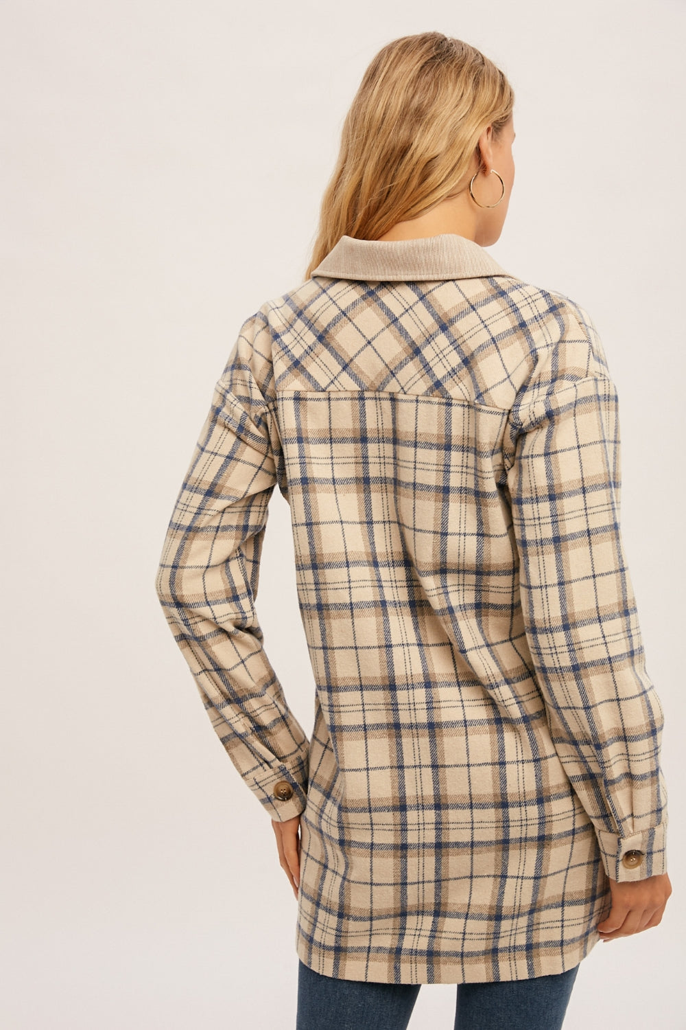 Plaid Contrasting Collar and Pocket Shacket - Taupe