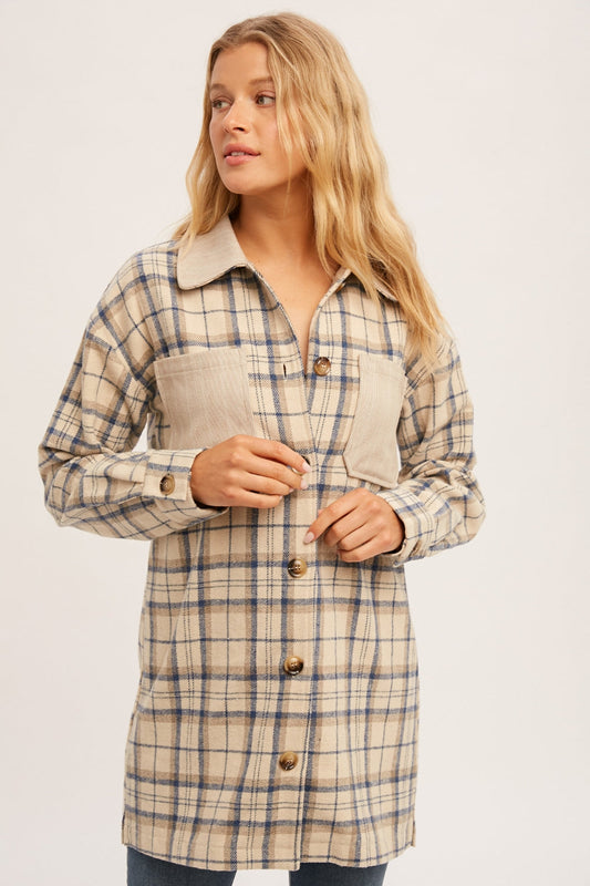 Plaid Contrasting Collar and Pocket Shacket - Taupe