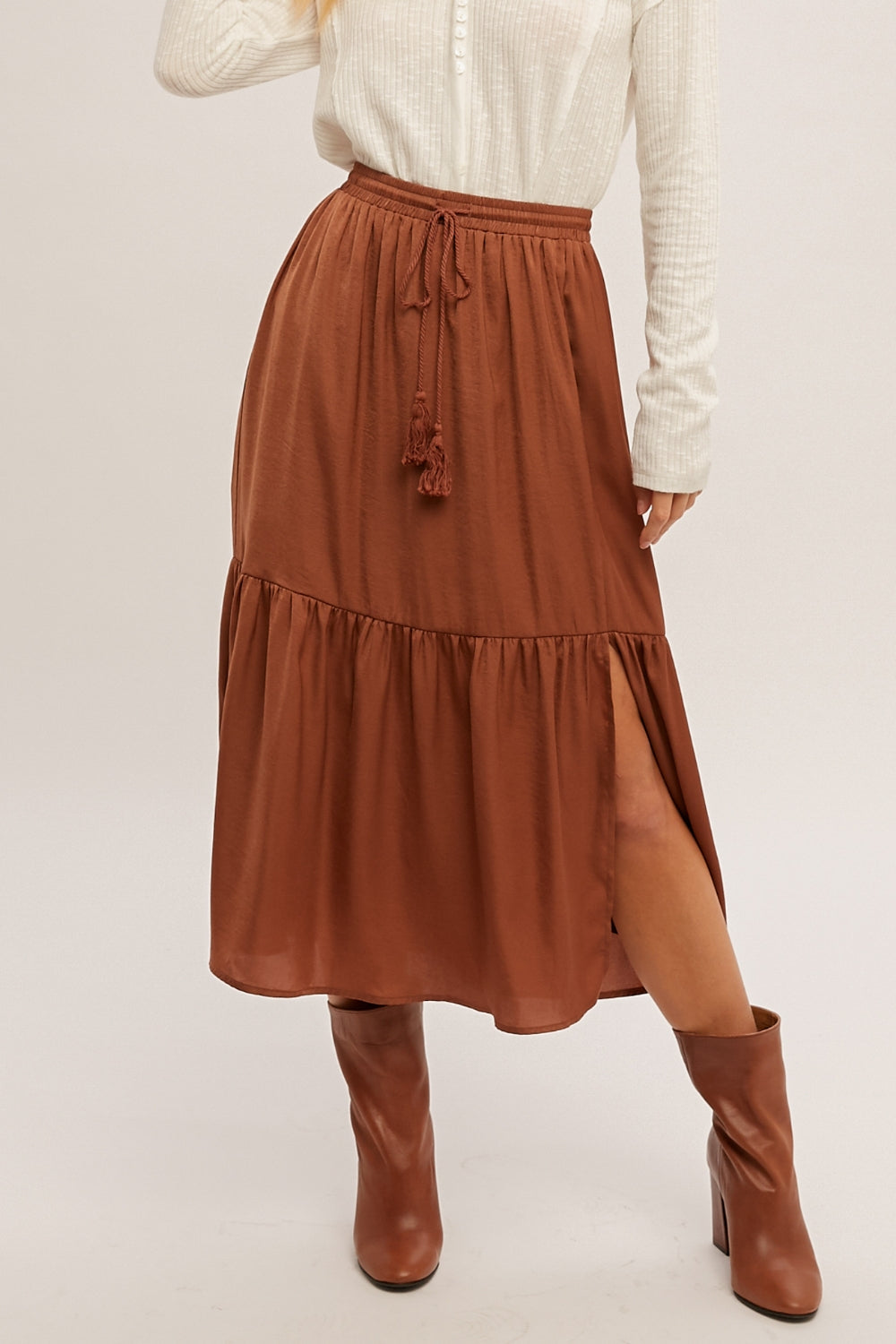 Tassel Drawstring Side Slit Midi Skirt